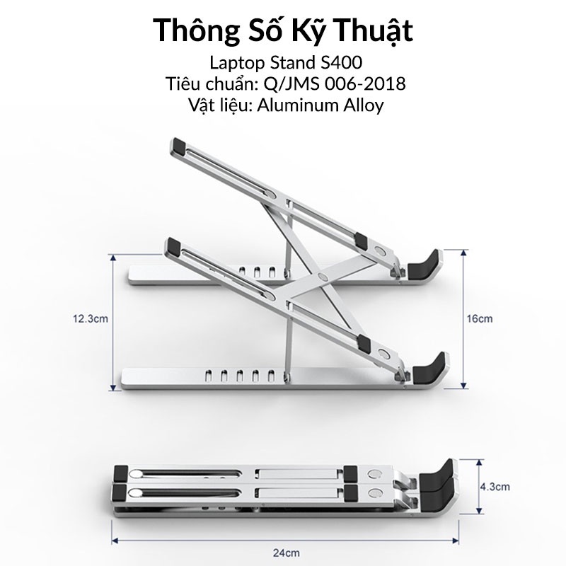 Giá Đỡ Laptop Stand WiWU S400 / ACOME ALS01 hợp kim Nhôm, Có Thể Gấp Gọn, 6 Mức Độ Điều Chỉnh Độ Cao, Tản Nhiệt Cho Macbook