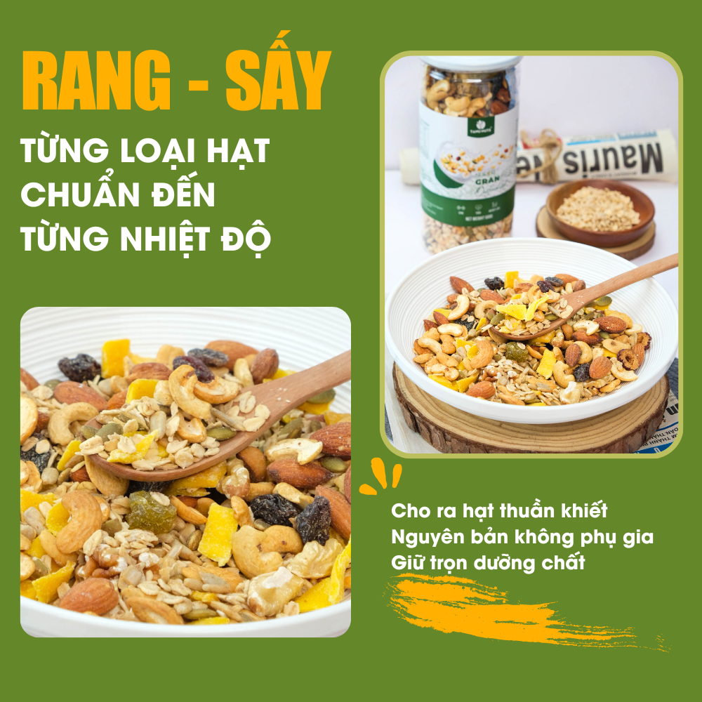 Granola siêu hạt 15% yến mạch TANU NUTS, ngũ cốc ăn kiêng giảm cân không đường tốt cho gym, yoga