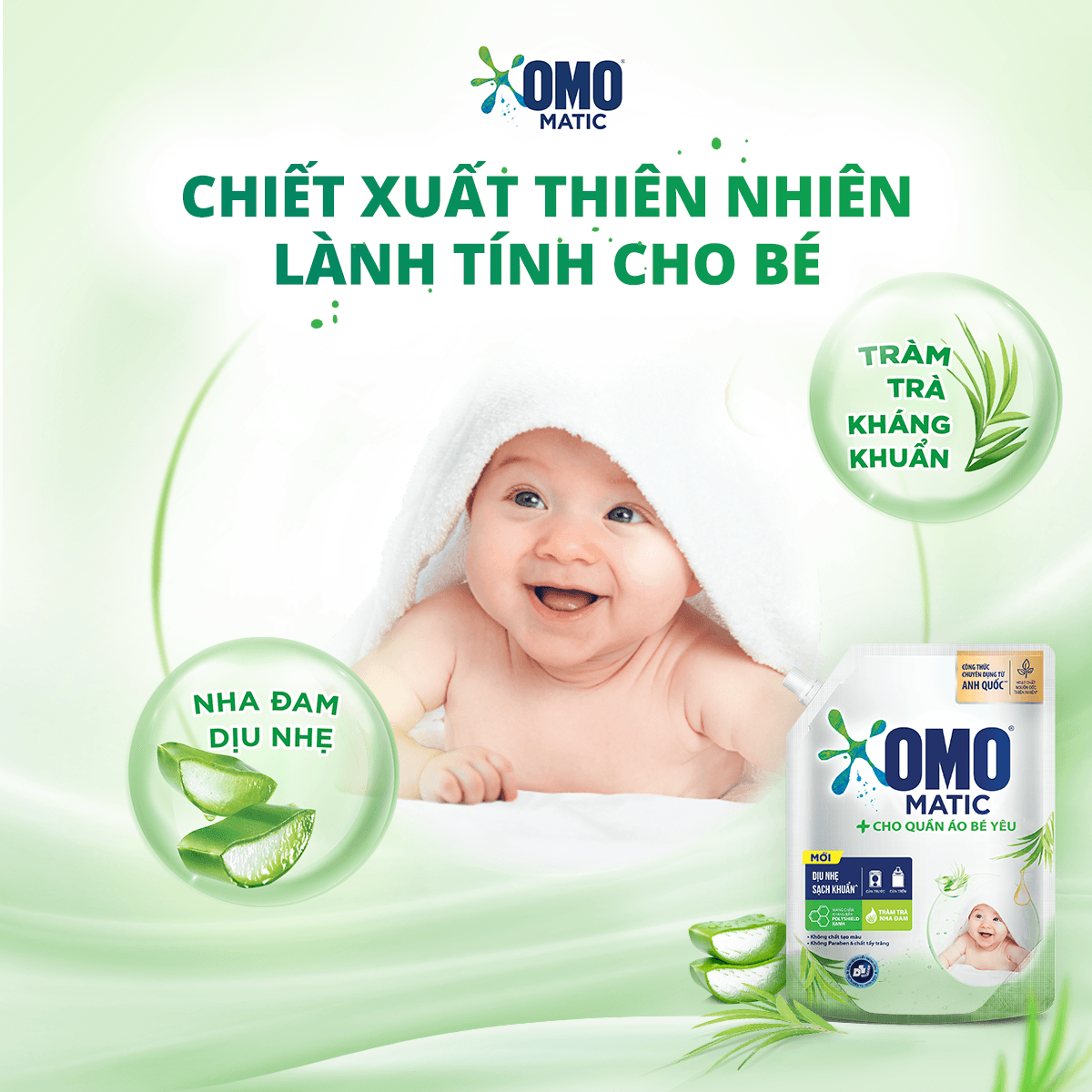 TúI Nước Giặt Omo Matic Cho Quần Áo Bé Yêu Chiết Xuất Tràm Trà Và Nha Đam Dịu Nhẹ, Sạch Khuẩn 2.8Kg