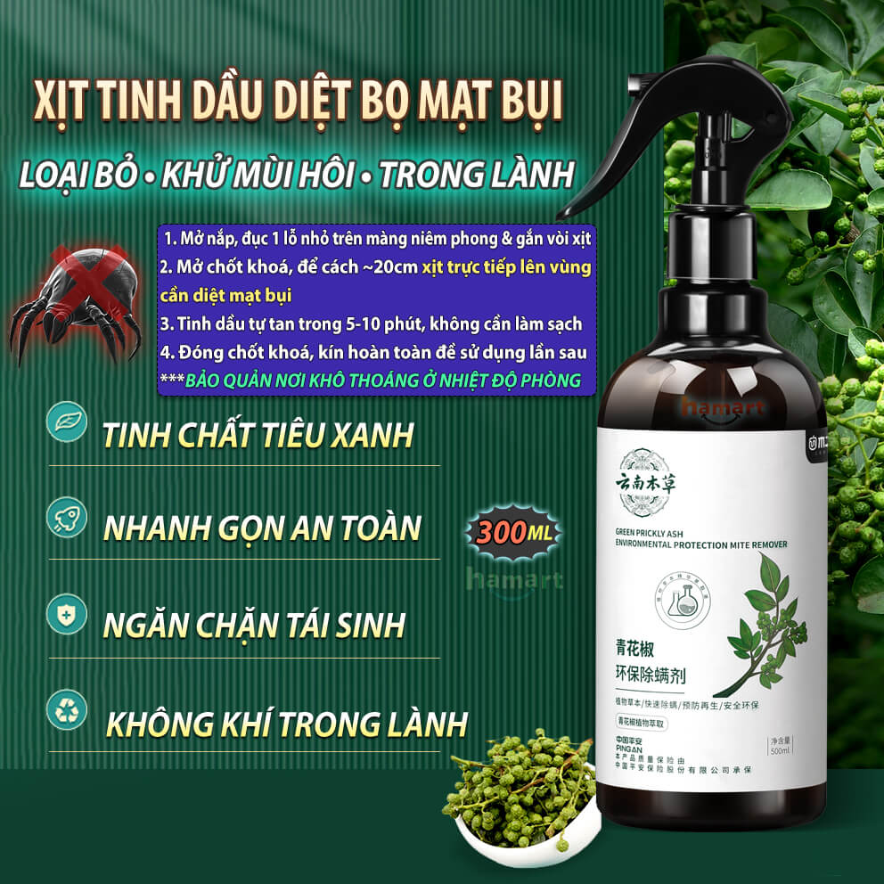 Chai 300ml Xịt Diệt Bọ Mạt Bụi Tiêu Xanh Chăn Ga Giường Tủ Quần Áo Hamart Hết Ngứa Ngủ Ngon