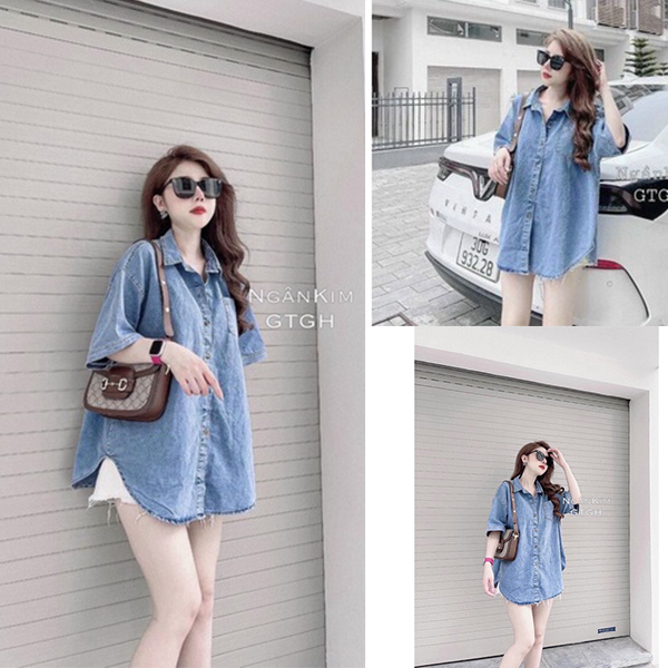 Áo sơ mi jean cộc tay Quảng châu CO GIÃN oversize cho nữ ATN772