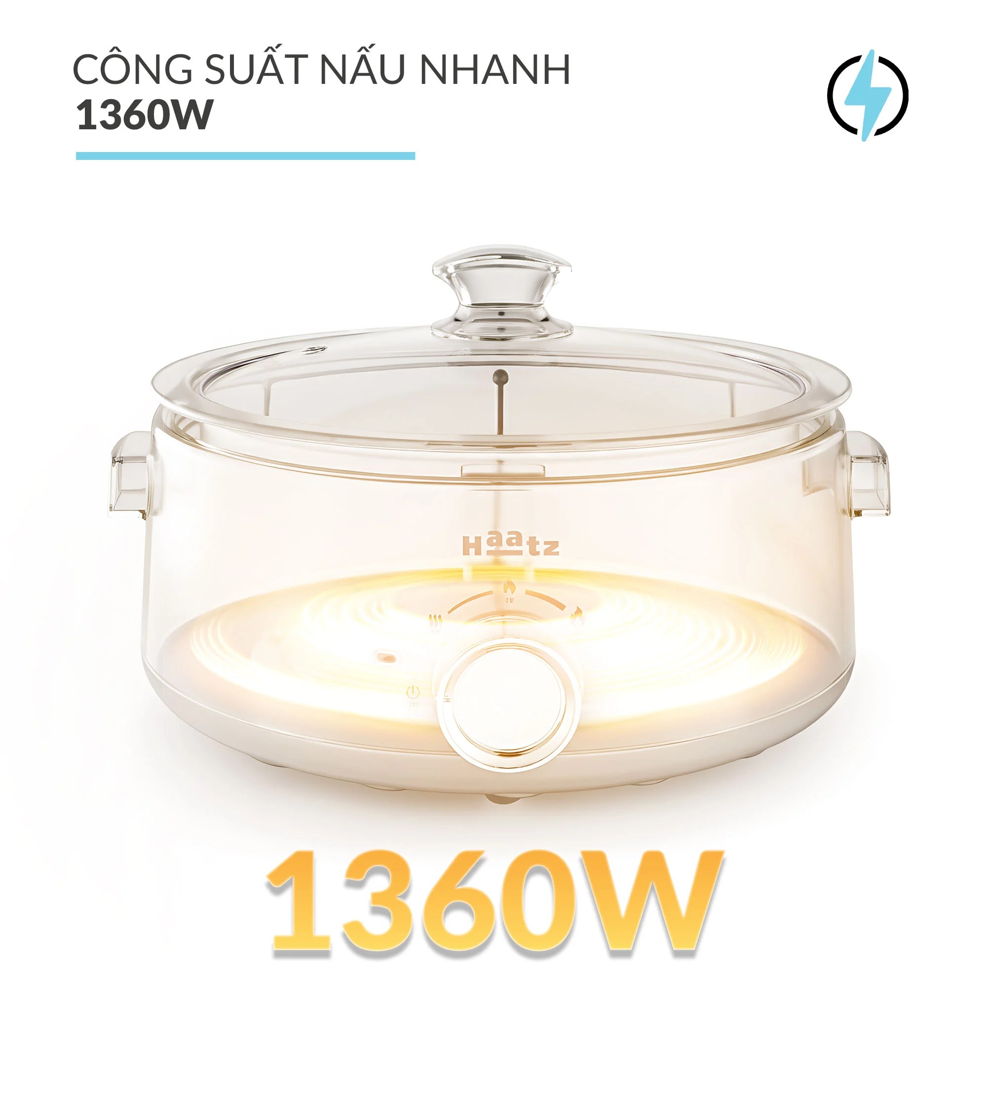 (NEW MODEL) Nồi Lẩu Điện Đa Năng 5L Haatz HEH508 Nấu Lẩu Xào Rán, Lòng Gốm Chống Dính Tháo Rời - Hàng Chính Hãng