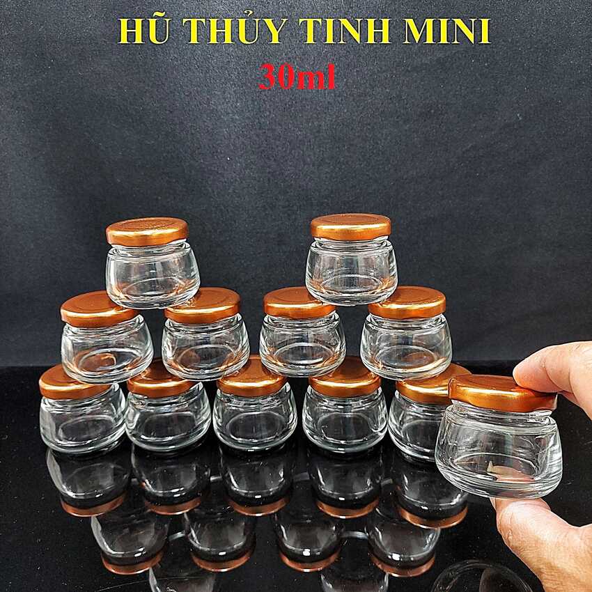 Hũ Thủy Tinh 30ML (combo 6 cái) mẫu Trụ Tròn vai thon nắp thiếc màu đồng - Hũ Thủy Tinh Mini đựng mật ong, sữa ong chúa, mỹ phẩm