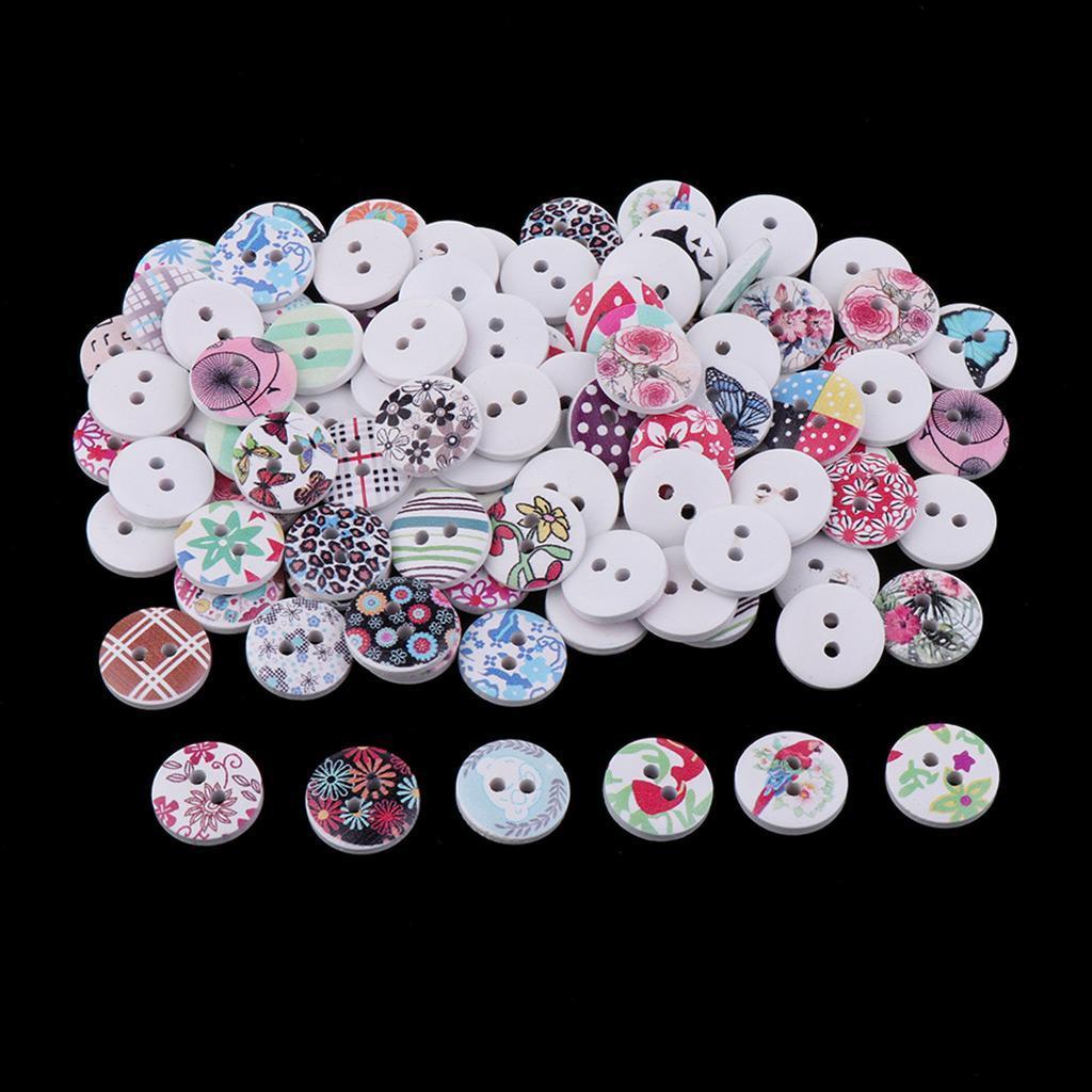 100pcs Flower Printed Wooden Buttons 2 Holes 15mm DIY Clothing Scrapbook Crafts