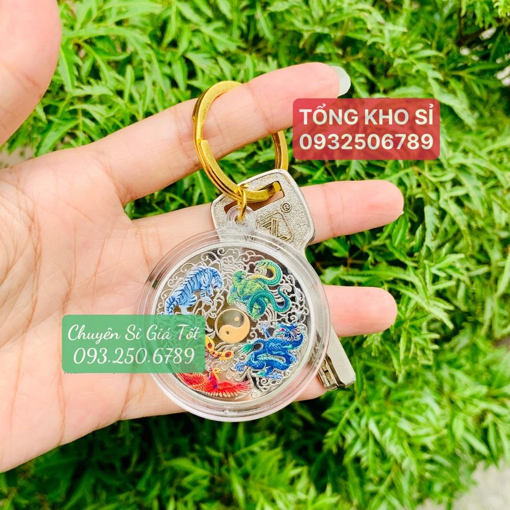 Móc khóa nhà, xe máy Đồng Xu Tứ Linh In Màu 3D Phong Thủy May Mắn, kèm Túi Gấm Đỏ - PASA COLLECTION