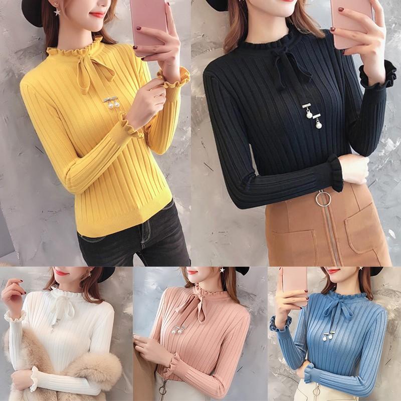 Áo dệt kim nữ cổ lọ tay dài dáng ôm màu trơn