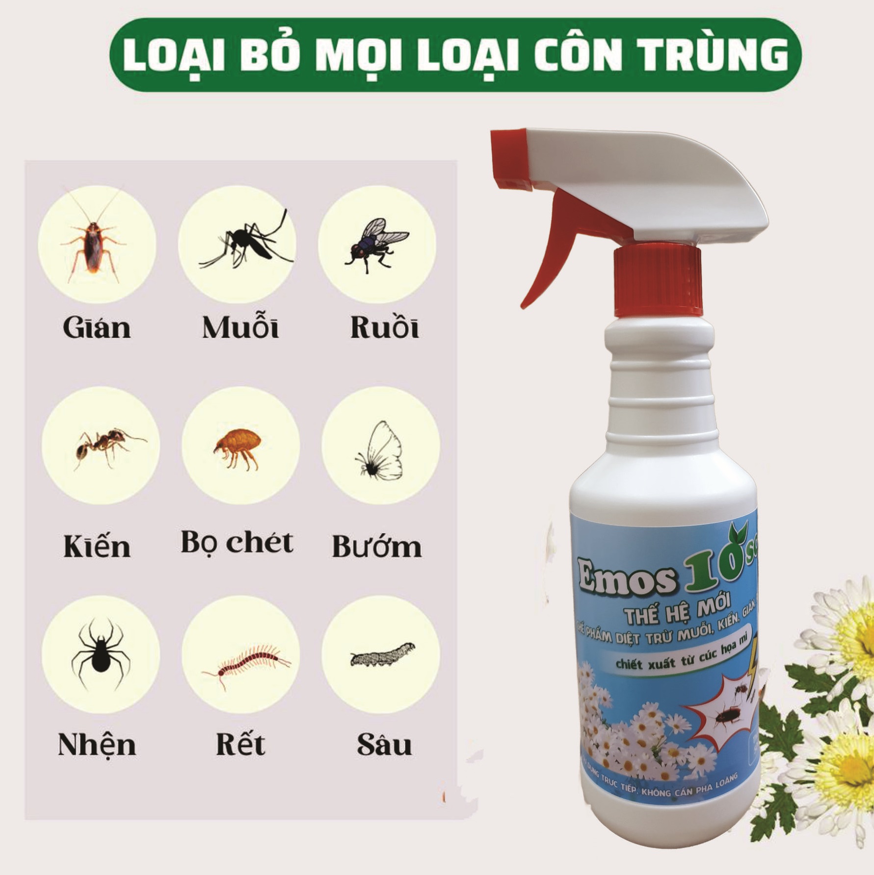 Chai Xịt Diệt Muỗi – Kiến – Gián – Ruồi Emos 10SC - Chiết Xuất Từ Cúc Họa Mi - Chai 500ml