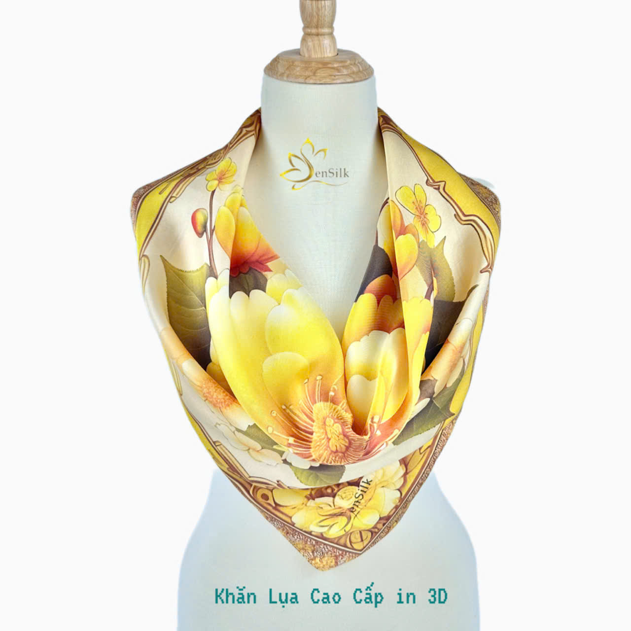 SenSilk Silk Printed Scarves - Luxurious Fashion Accessories for Her - Khăn Thời Trang Cao Cấp 65x65cm - Mai Vàng 3D Limited Design