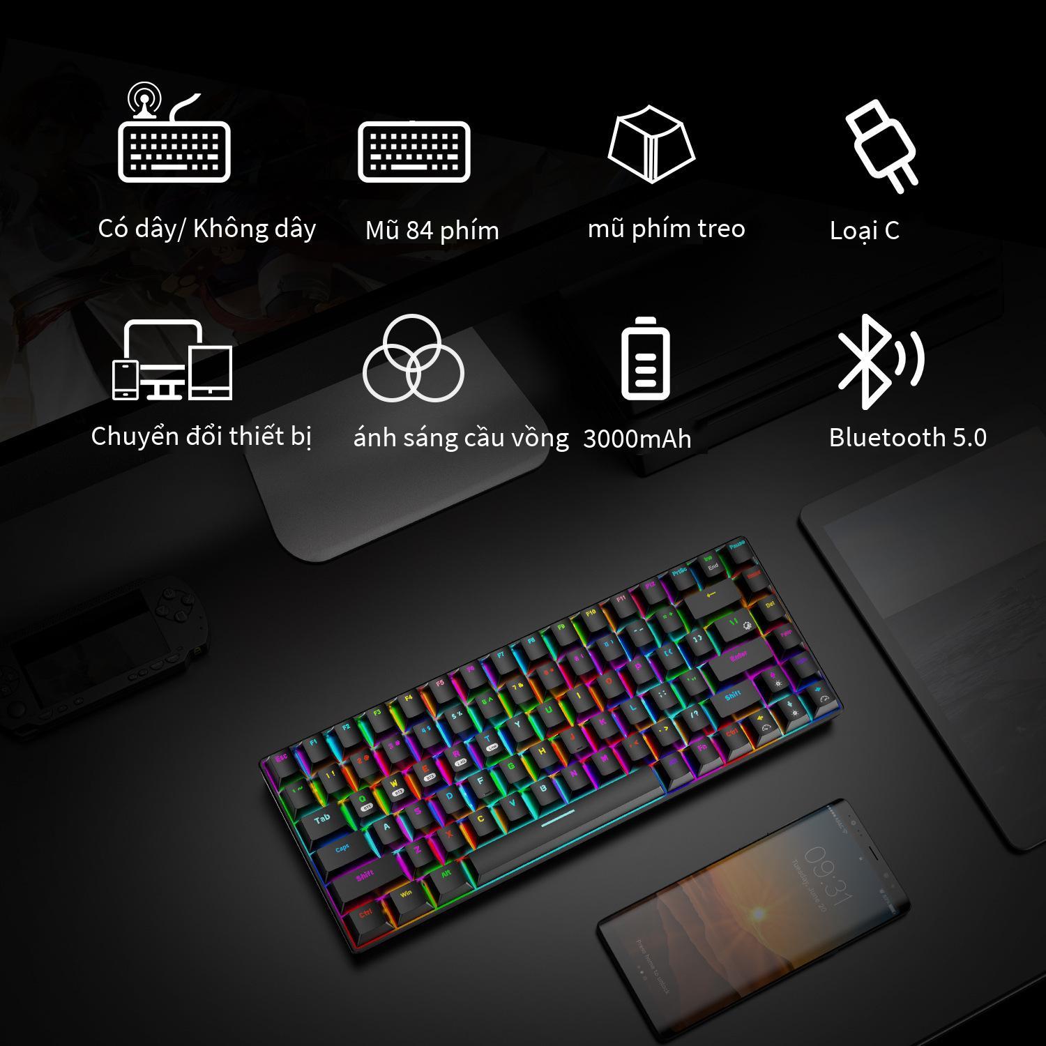 Phong cách mới nhất Xinmeng RF-84RGB ba chế độ Bluetooth 2.4G bàn phím cơ không dây Bàn phím máy tính xách tay trò chơi tùy chỉnh 84 phím