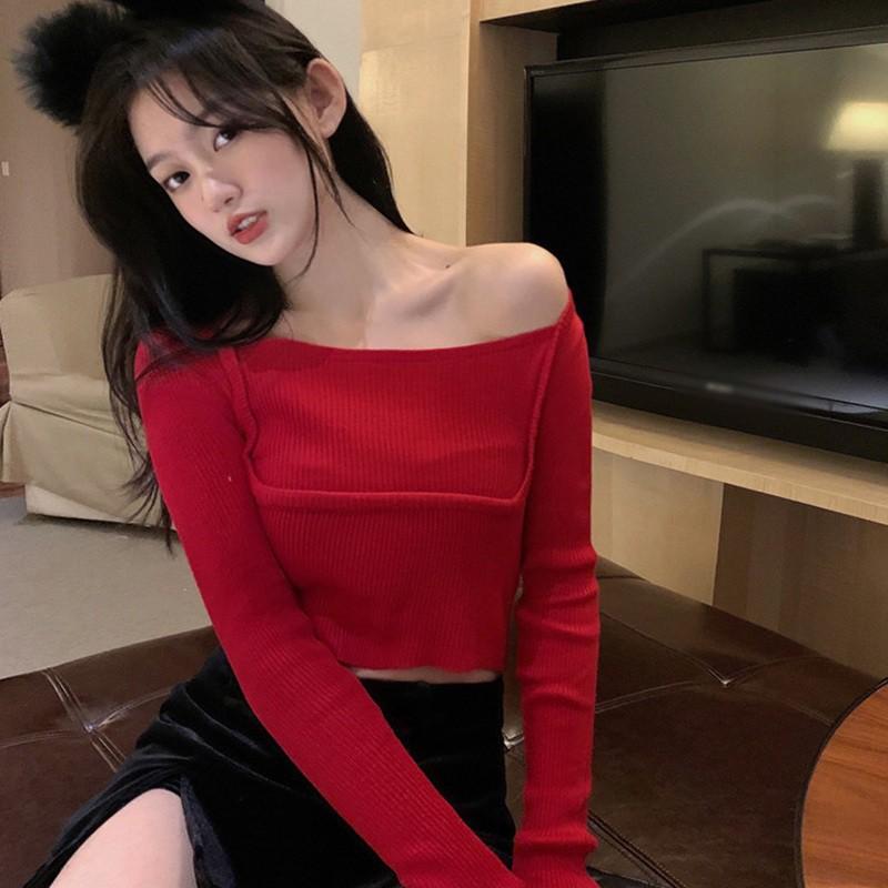 Áo Dệt Kim Tay Dài Cổ Kiểu Vuông Màu Trơn Thanh Lịch