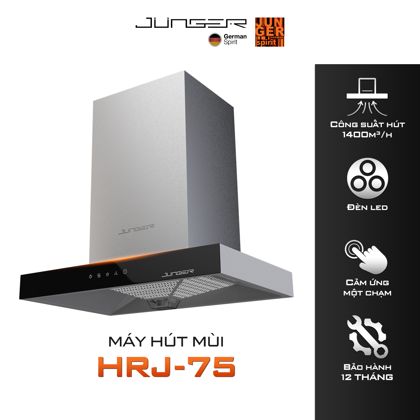 Hút mùi Junger HRJ-75 Công suất 1400m3/h Động cơ AC hút xả trực tiếp Hàng Chính Hãng Bảo Hành 12 Tháng