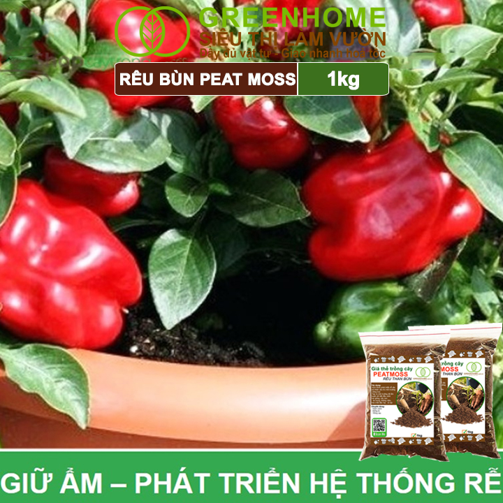 Rêu Than Bùn Peatmoss Greenhome, Bao 1kg, Giá Thể, Cân Bằng Ẩm, Trộn Đất Trồng Sen Đá, Kiểng Lá, Hoa Hồng, Ươm Hạt Giống