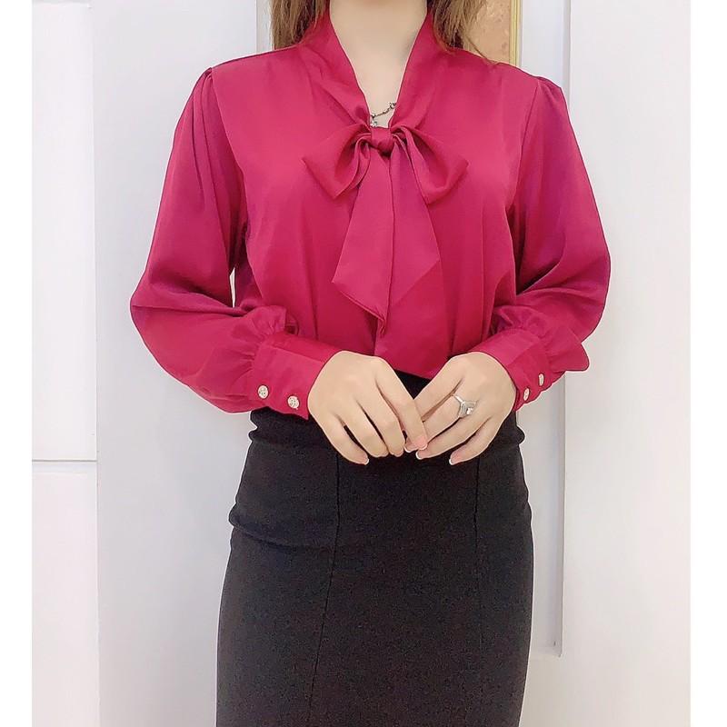 Áo kiểu chất Lụa tay dài phối nơ thiết kế dáng rộng thời trang công sở thanh lịch