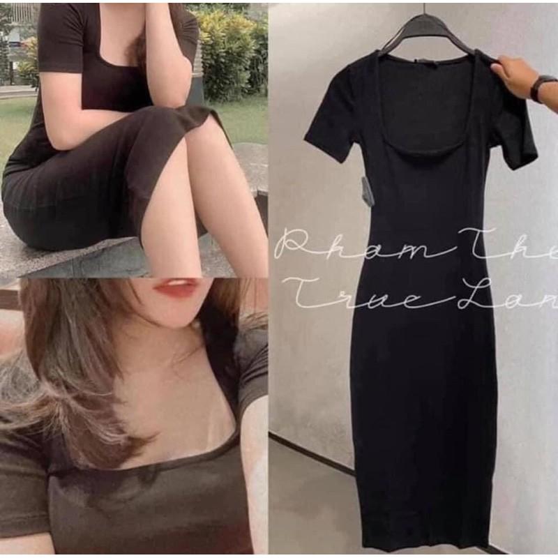 Đầm dáng ôm cổ vuông ngắn tay