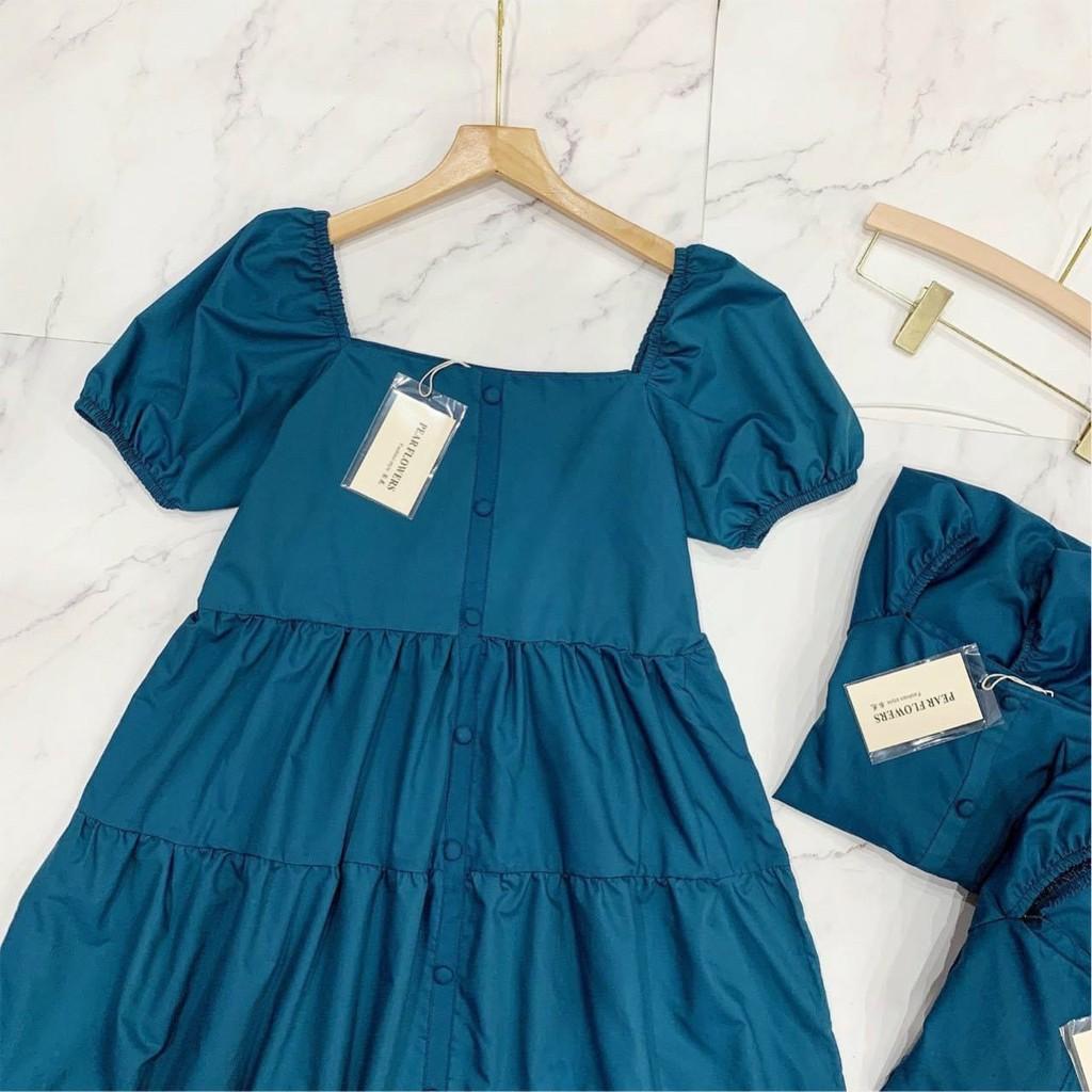 Váy Xanh Babydoll tay bồng chân xếp, Váy babydoll dáng xòe siêu xinh