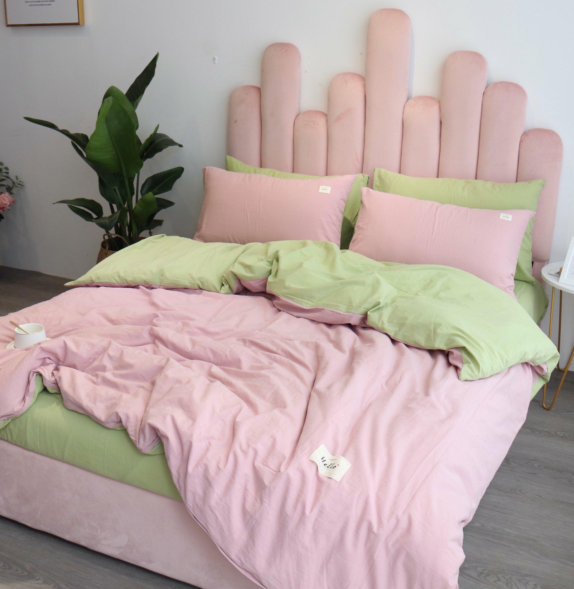 Bộ Chăn Ga Gối Cotton Tici LIDACO - Hồng Nhạt Ga Xanh - Tặng Vỏ Gối Ôm