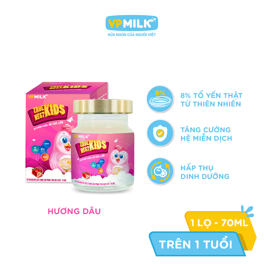 Tổ Yến Nguyên Chất Chưng Sẵn VPMilk True Nest Kids Vị Dâu (Hộp 1 lọ x 70 ml)