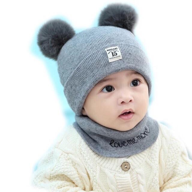 set mũ len 2 bông và khăn len cho bé 6 tháng đến 3 tuổi