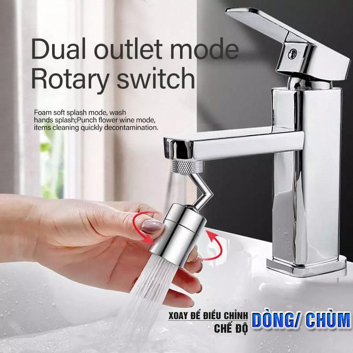 Phụ kiện đầu chuyển gắn vòi nước rửa mặt, vòi lavabo, vòi rửa bát 2 chế độ điều chỉnh nước Sen và dòng, tăng áp, xoay 360 độ, 720 độ, tiết kiệm nước, chất liệu đồng thau mạ 9 lớp – Dan House 3011