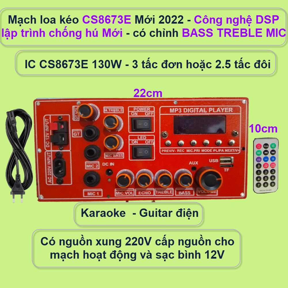 Mạch loa kéo CS8673E 130W DSP lập trình chống hú có chỉnh Bass Treble Micro