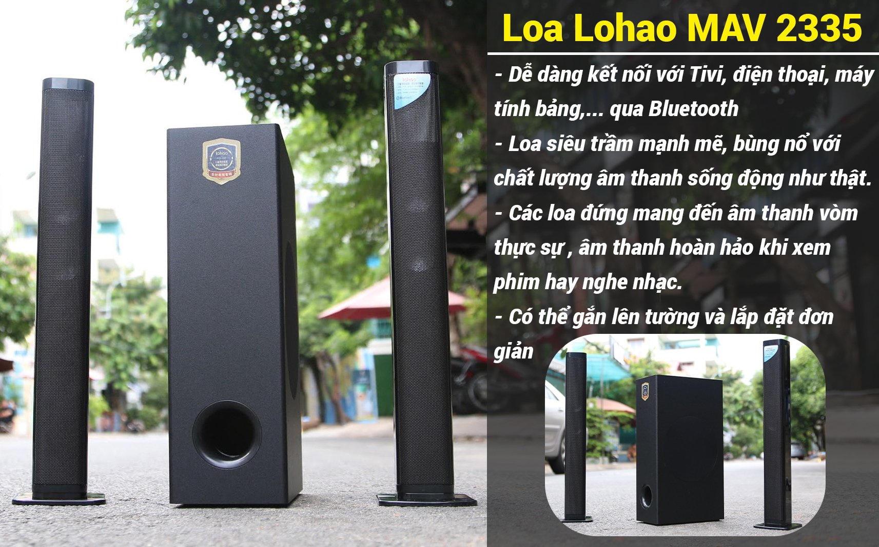 Loa vi tính Lohao MAV 2235 - loa Ti vi soundbar 2.1 âm thanh stereo rạp hát - Kết nối Bluetooth 5.0 - 2 loa vệ tinh kèm sub hơi 2 tấc - Công suất 260W - kèm remote - loa ti vi Soundbar âm thanh 3D - Có thể lắp ghép thành 1 loa dài - Hàng chính hãng