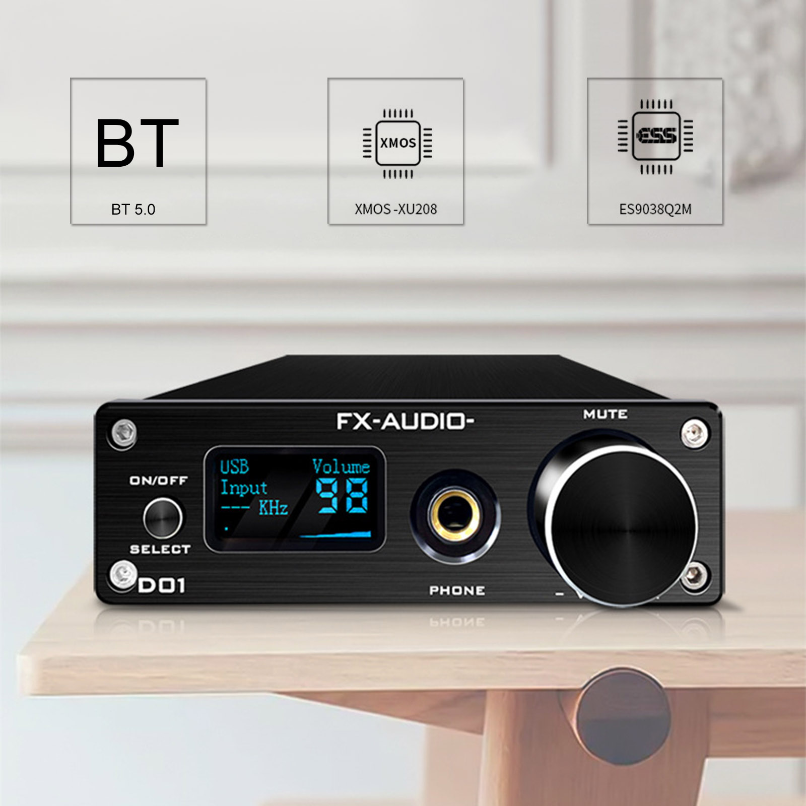 Bộ Giải Mã FX-Audio DAC D01 32 Bit/768Khz/ DSD512 Bluetooth 5.0 USB  and Headphone Amplifier HiFi Stereo Digital to Analogue ES9038Q2M/XMOS XU208 Support APTX/HD/LDAC/DSD.512 with 6.35mm to 3.5mm Headphone Converter - Hàng Chính Hãng