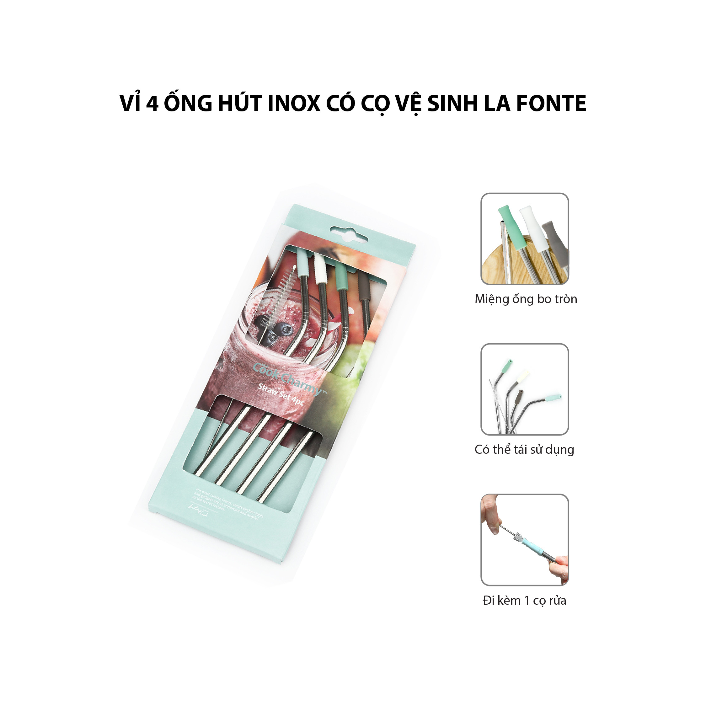 Vỉ 4 ống hút inox có cọ vệ sinh La Fonte - 006699