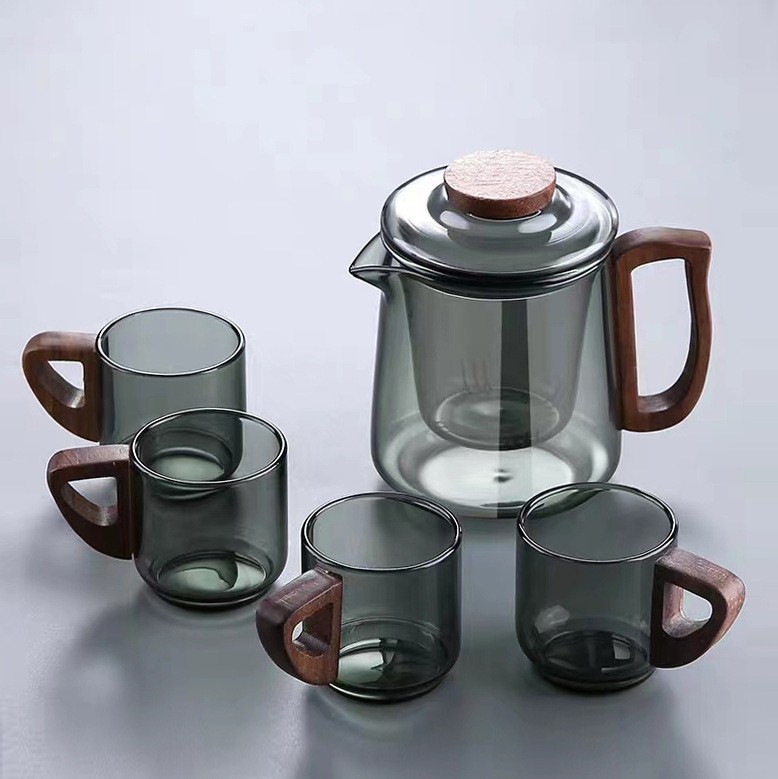 Bình pha trà thủy tinh 500ML màu Xám tay cầm gỗ kèm lõi lọc thủy tinh -Phân loại Bình và Ly riêng