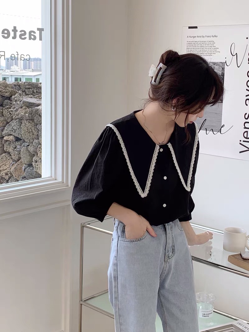 Áo sơ mi cổ bèo phối ren tiểu thư - áo kiểu nữ cổ bèo hàn quốc