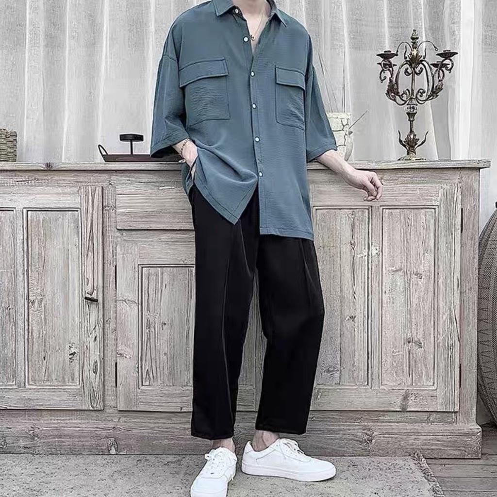 Áo sơ mi tay ngắn nam nữ unisex form rộng tay lỡ basic, chất vải đũi trơn Hàn cao cấp mịn, đi học đi chơi đi làm