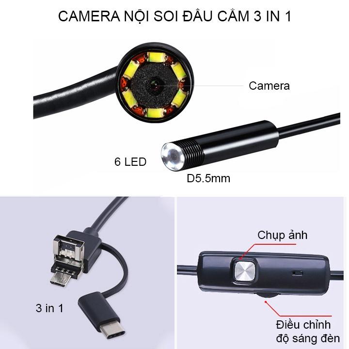 Camera nội soi 5.5mm đầu kết nối 3 trong 1, dài 1-2-5m tùy chọn (hỗ trợ điện thoại Android và máy tính)