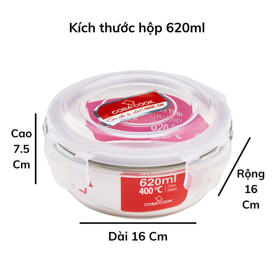 Bộ hộp đựng cơm thủy tinh chịu nhiệt hộp trữ thức ăn COBA'COOK 2 hộp tròn 640ml và 1 túi giữ nhiệt - CCR62BS