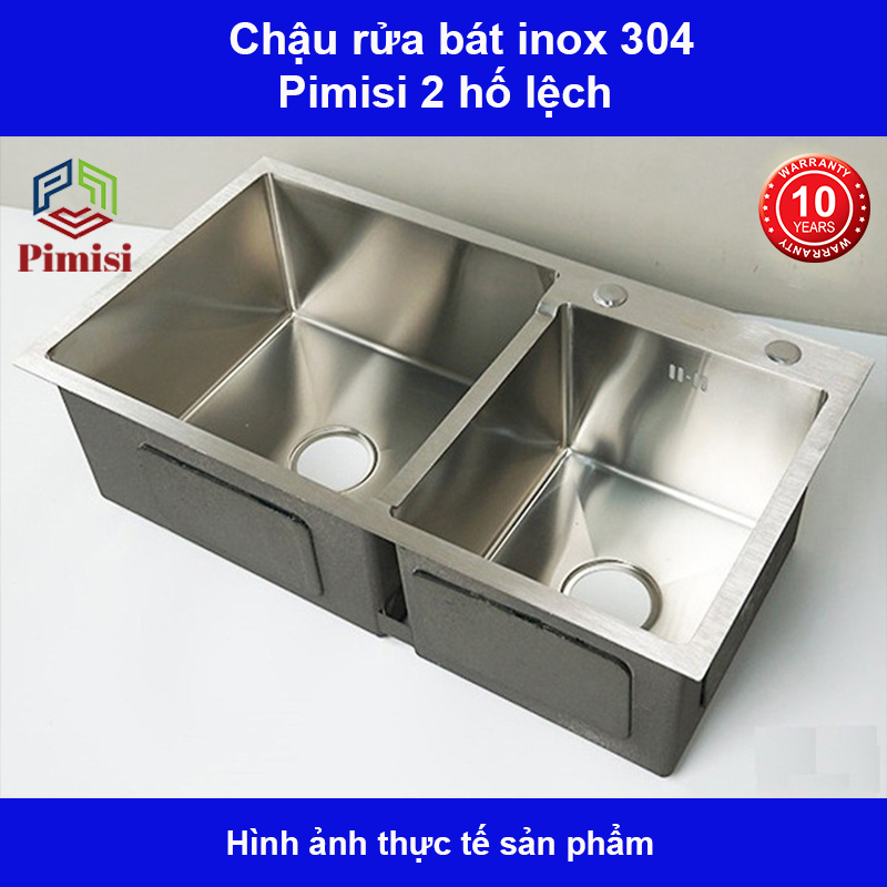 Chậu rửa bát inox 304 Pimisi đúc cao cấp 2 hố lệch - kích thước 7843-8245 cm kèm rổ đựng đồ và đầy đủ xi phông loại ống to, dùng để rửa chén bát gắn được cả âm bàn đá | Hàng chính hãng