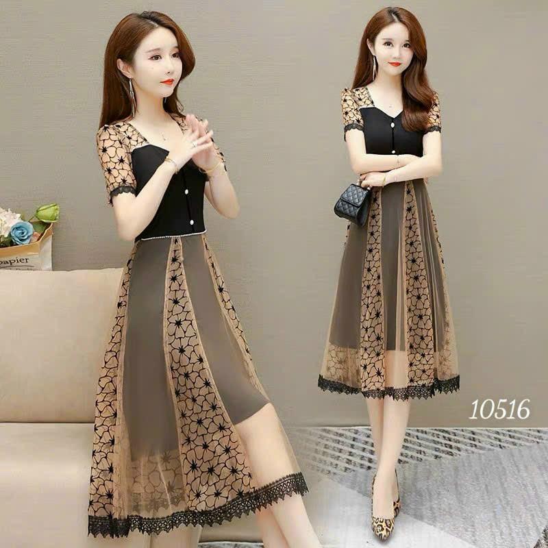 Đầm váy nữ trung niên phối lưới hoa dự tiệc dạo phố đỏ đen sang trọng nhẹ nhàng