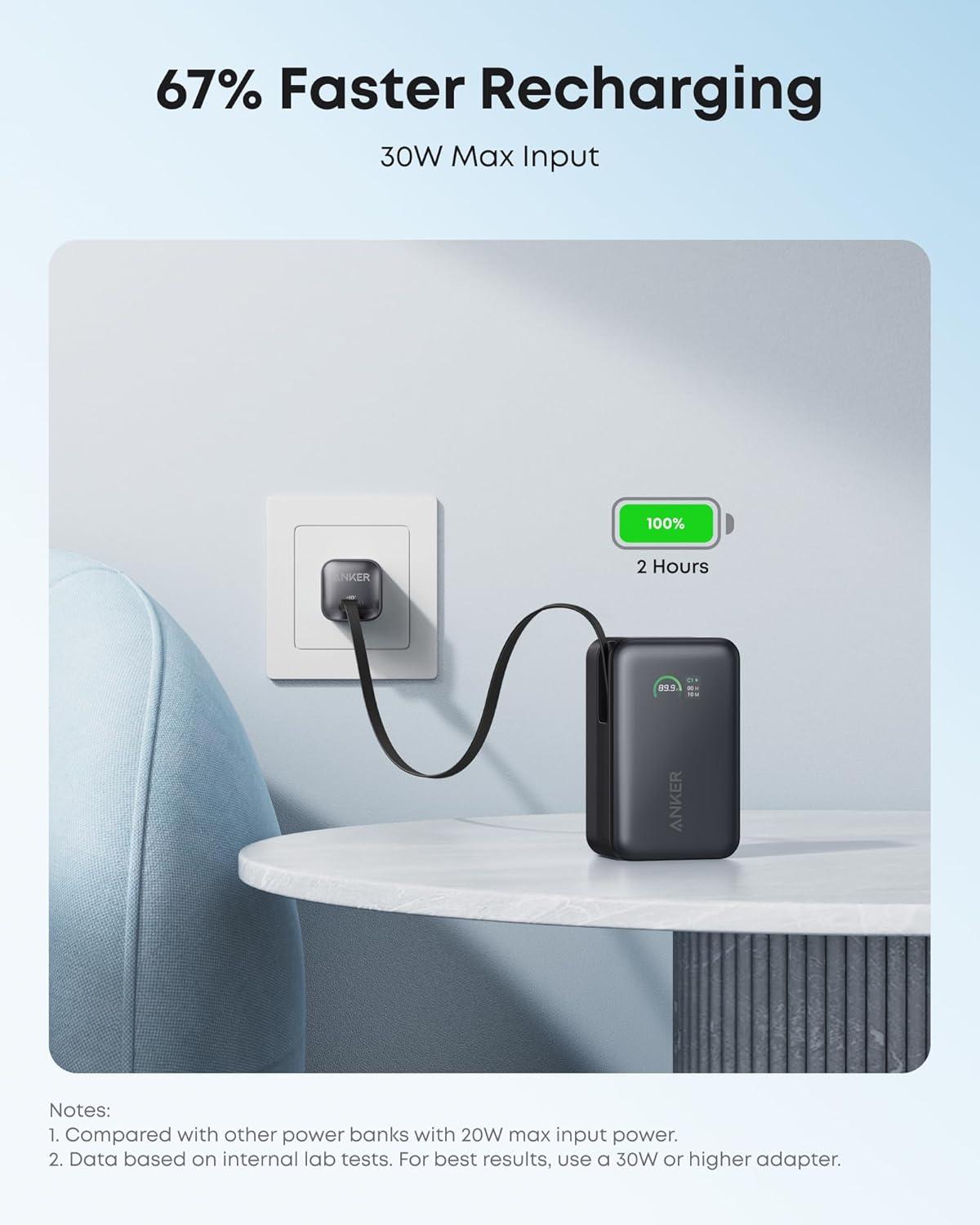 Sạc dự phòng Anker Nano 2C1A 45W 10000mah (Built-In Retractable USB-C Cable) Đen (Black) A1638 - Hàng Chính Hãng