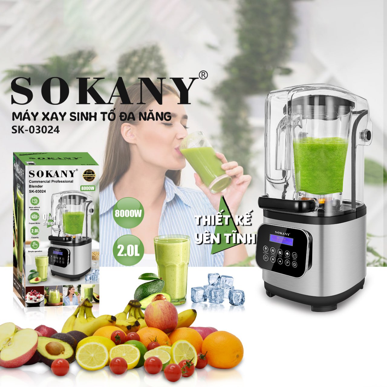 Máy xay sinh tố công nghiệp đa năng SOKANY SK03024 xay đá và các loại hạt cực nhanh công suất cao 8000W - HÀNG CHÍNH HÃNG - DELIYA