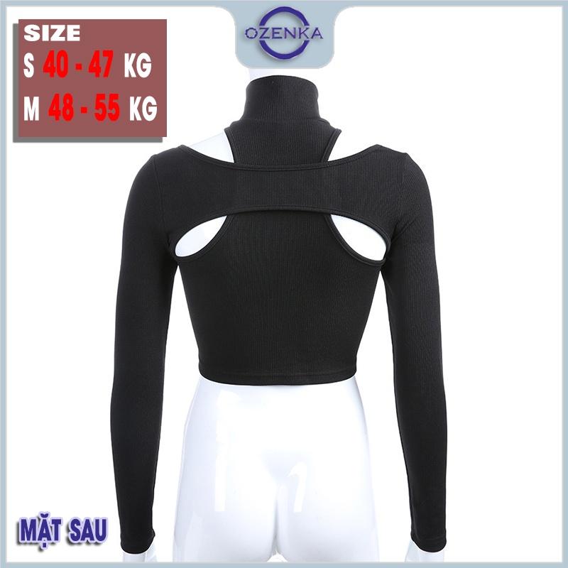 Áo croptop tay dài cổ cao hở vai ôm nữ OZENKA , áo crt kiểu hàn quốc 100% cotton đen trắng dưới 55 kg