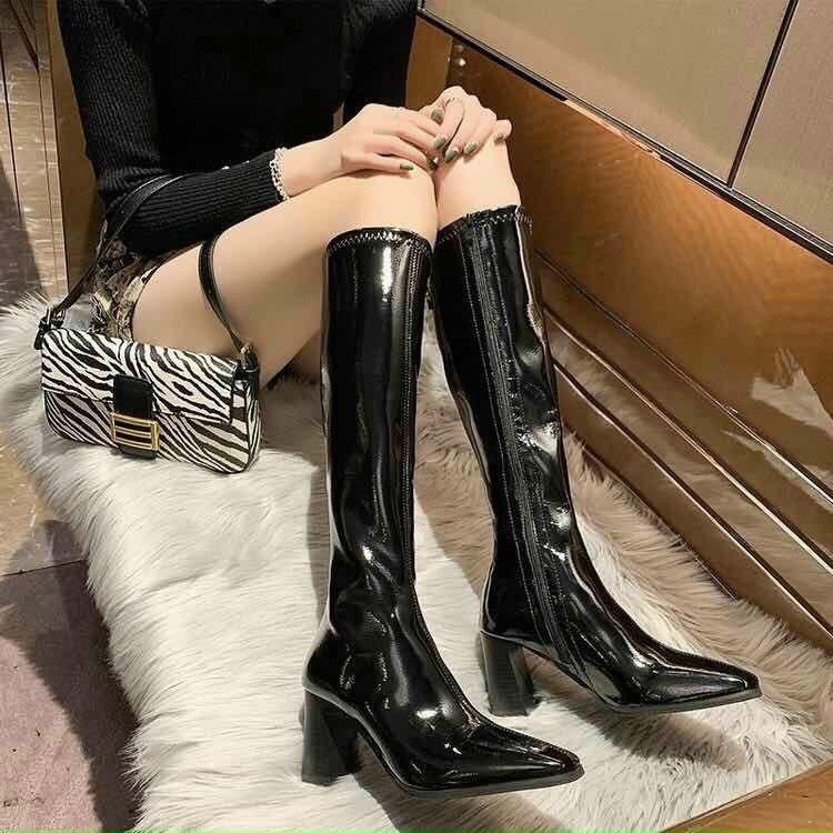 Hàng Loại 1 Boots đùi da bóng, đế vân gỗ cao 7cm sang chảnh cho bạn gái bắp chân nhỏ B009