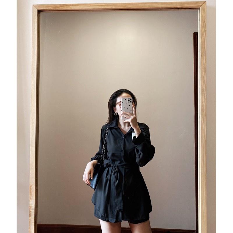 Bộ Vest Nữ Quần Đùi Dây Eo Dài Tay Chất Đũi