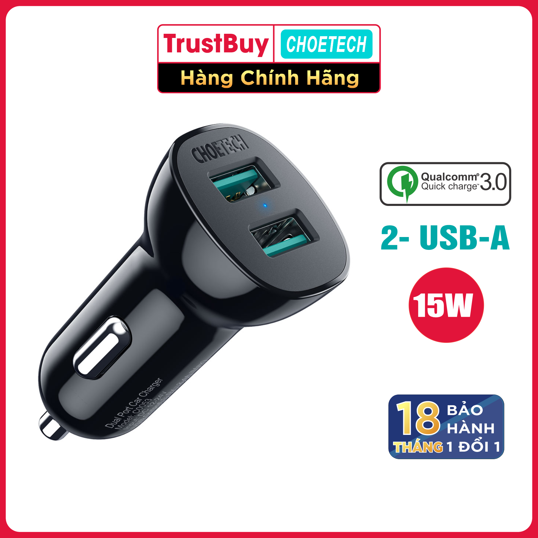 Củ Sạc Điện Thoại Ô Tô 15W, 2 Cổng USB CHOETECH C0053 - Hàng Chính Hãng