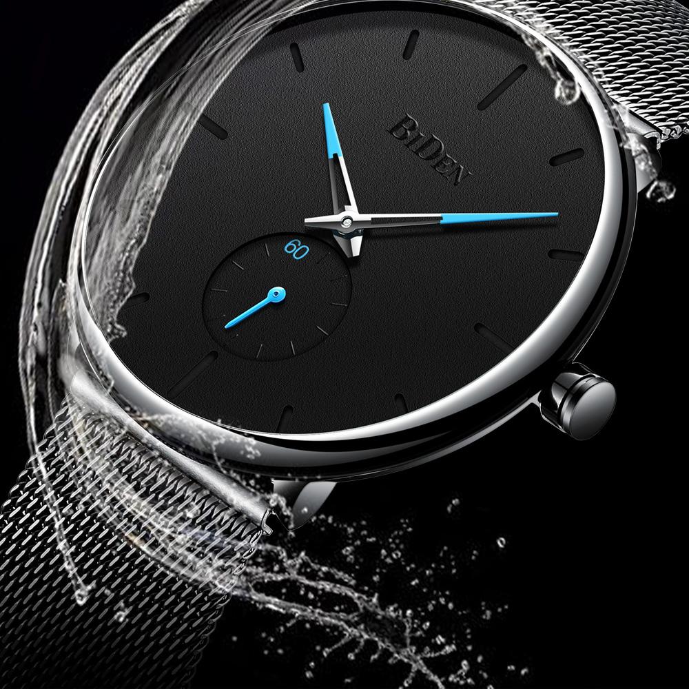 Đồng hồ đeo tay siêu mỏng Mặt số lớn dây lưới tối giản màu đen BIDEN
