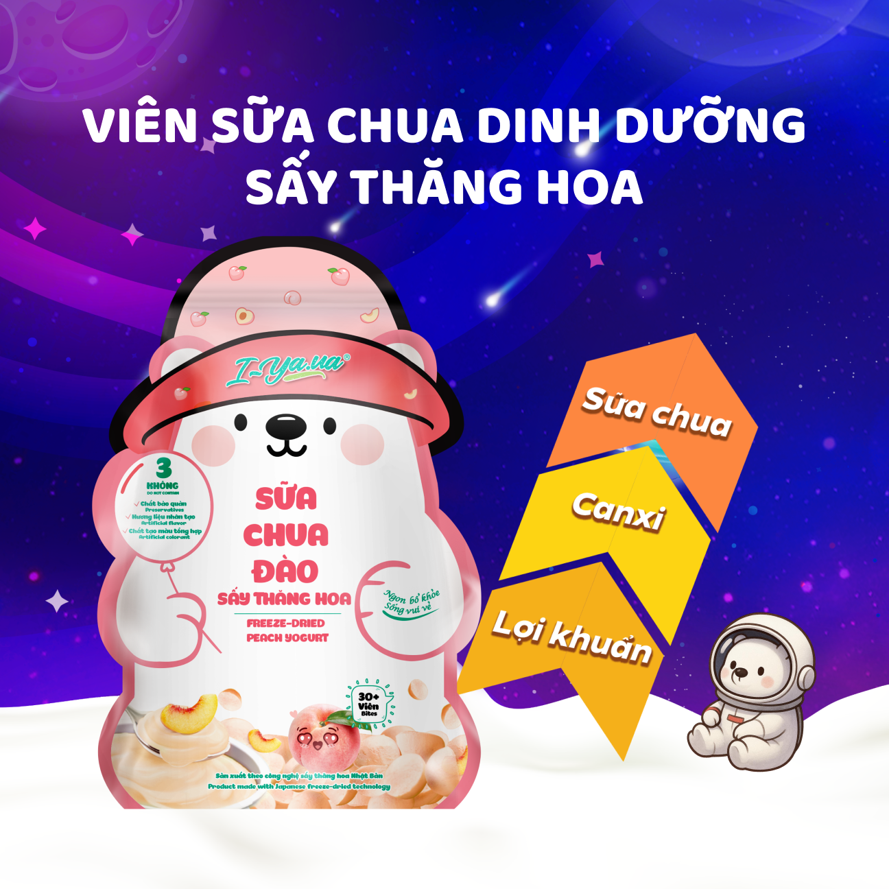 [Mua 2 tặng 1 Móc Khóa Gấu] Sữa Chua Sấy Thăng Hoa IYaua Gấu Hạt Nút Vị Đào Túi 16G
