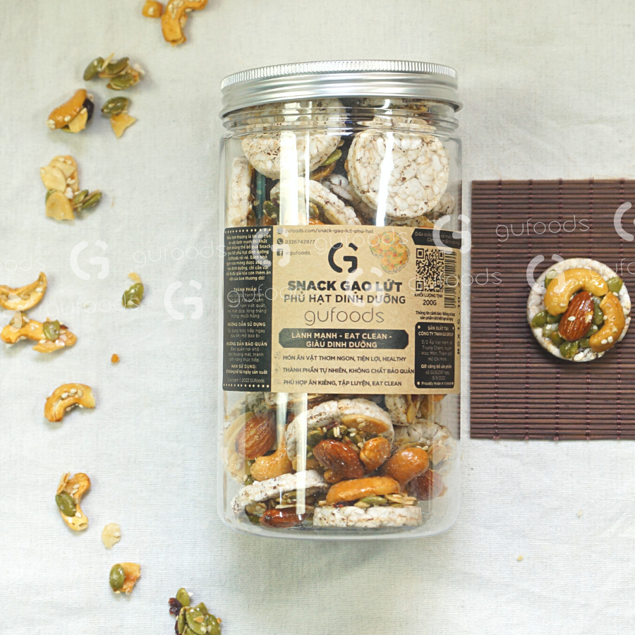 Snack Gạo Lứt Phủ Granola Siêu Hạt GUfoods 200g - Bữa ăn nhẹ tiện lợi, Giàu dinh dưỡng, Ăn vặt healthy, Hỗ trợ giảm cân, Ăn kiêng, Eat clean, Thuần chay