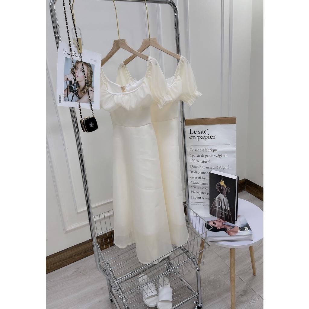Váy babydoll tiểu thư voan tơ cổ vuông nơ lung, đầm trễ vai công chúa phong cách ulzzang hàn quốc