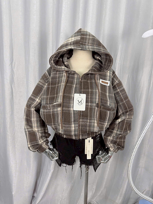 Áo Sơ Mi Sọc Caro Nỉ Mềm Mịn, Dây Kéo Cổ Cao, Nón Trùm, Có 2 Túi Trước, Logo Thêu, Size L,Xl