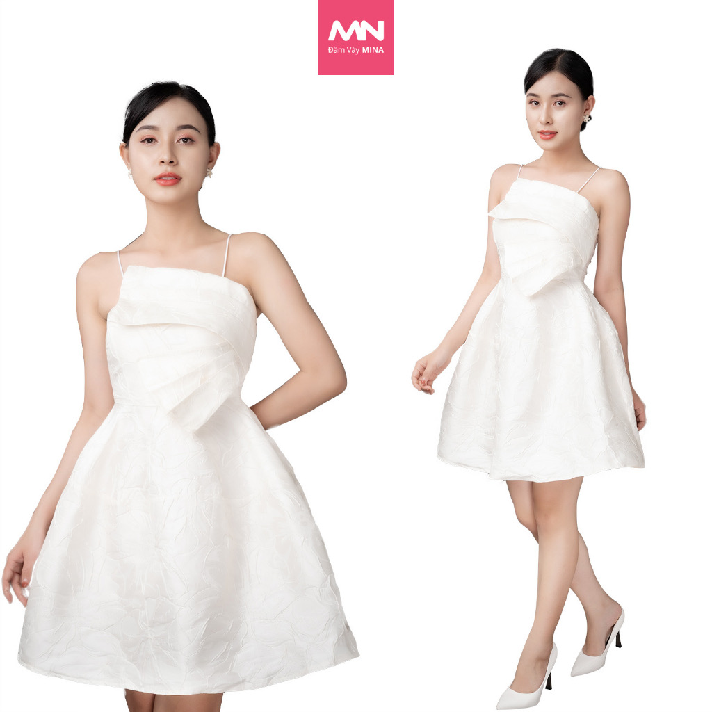 Đầm hai dây dáng xoè nơ ngực gấm dự tiệc đi chơi dạo phố sang trọng - MN126 - Đầm Váy Mina