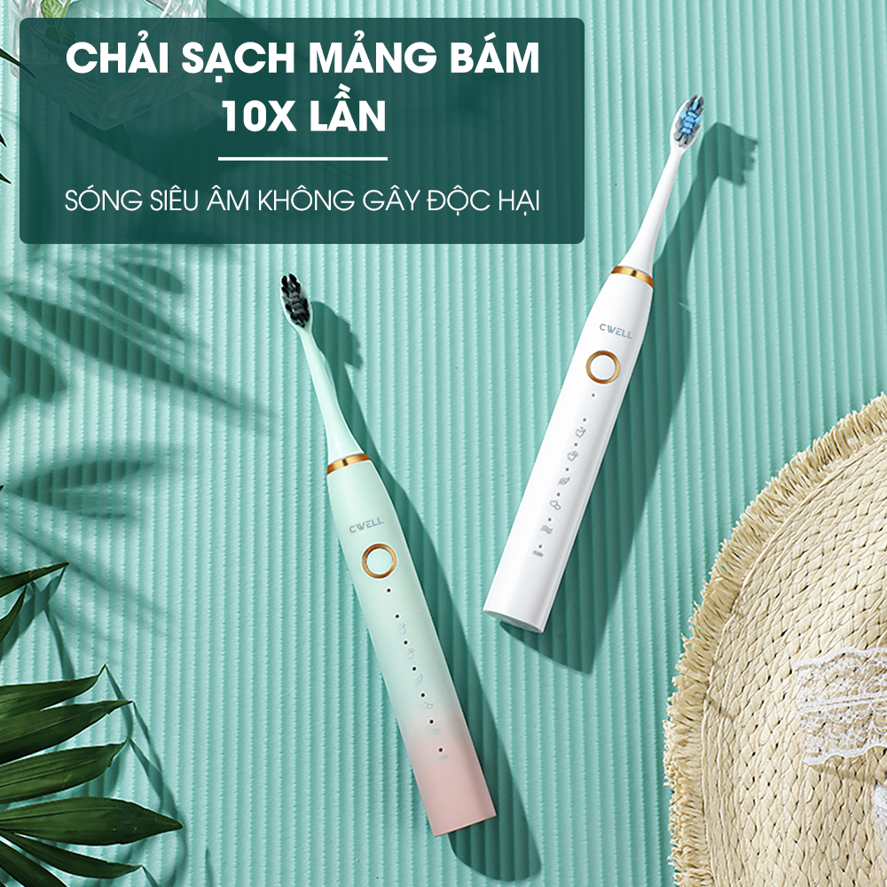 Bàn chải điện CWELL S1 PRO, 5 chế độ đánh răng tự động, tặng kèm 5 đầu bàn chải chống nước IPX8 chải sạch mảng bám tới 10X