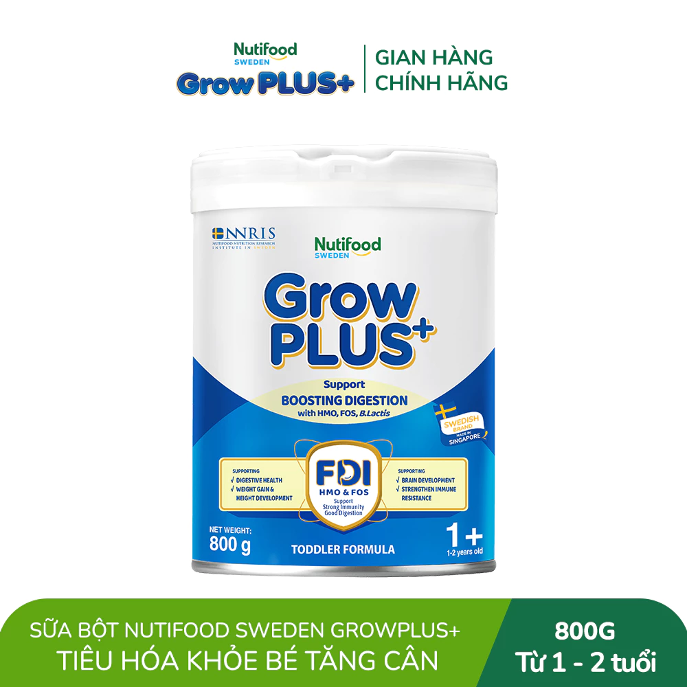 Sữa bột Nutifood Sweden GrowPLUS+ Tiêu Hóa (Xanh Nhạt) 1+ - Tiêu hóa khỏe, tăng cân (Lon 800g)