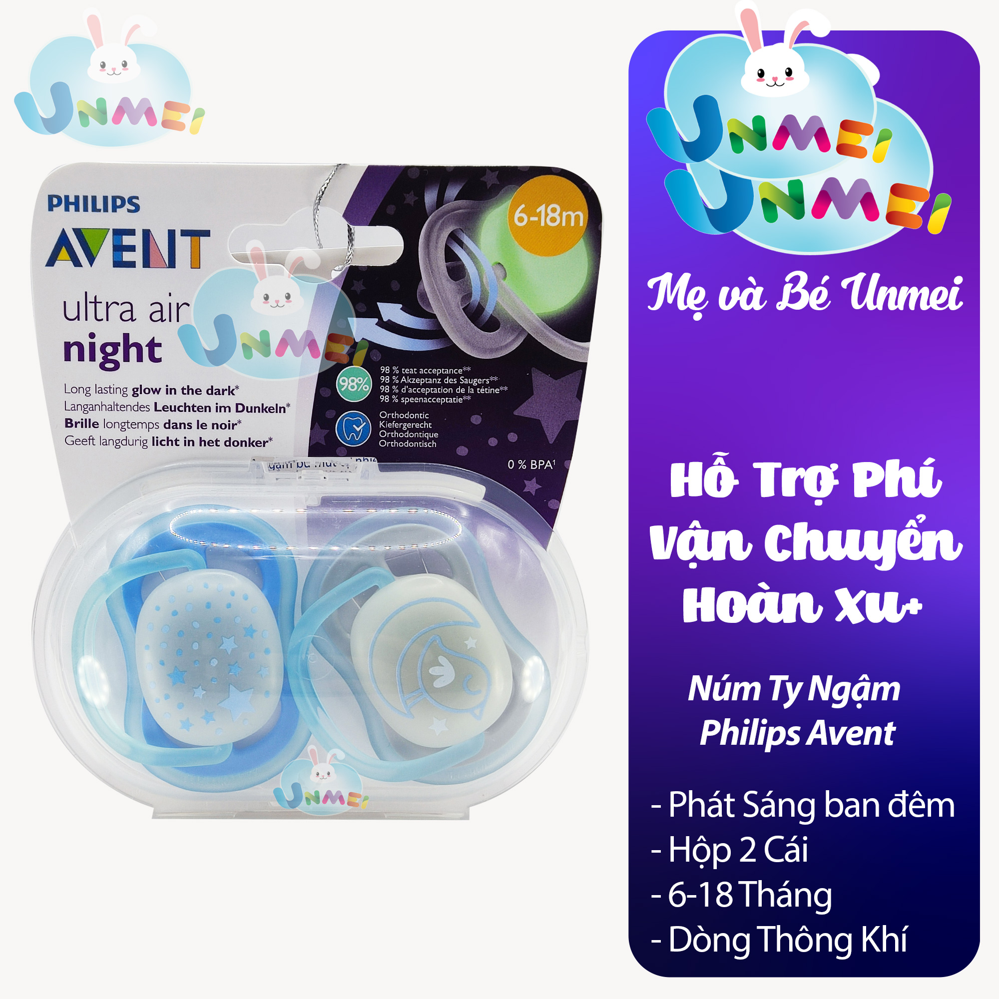 Núm Ty Ngậm Ultra Air Night Ban Đêm Philips Avent Cho Bé Từ 6 - 18 Tháng, 2 Chiếchộp Scf 37621 - Màu Ngẫu Nhiên