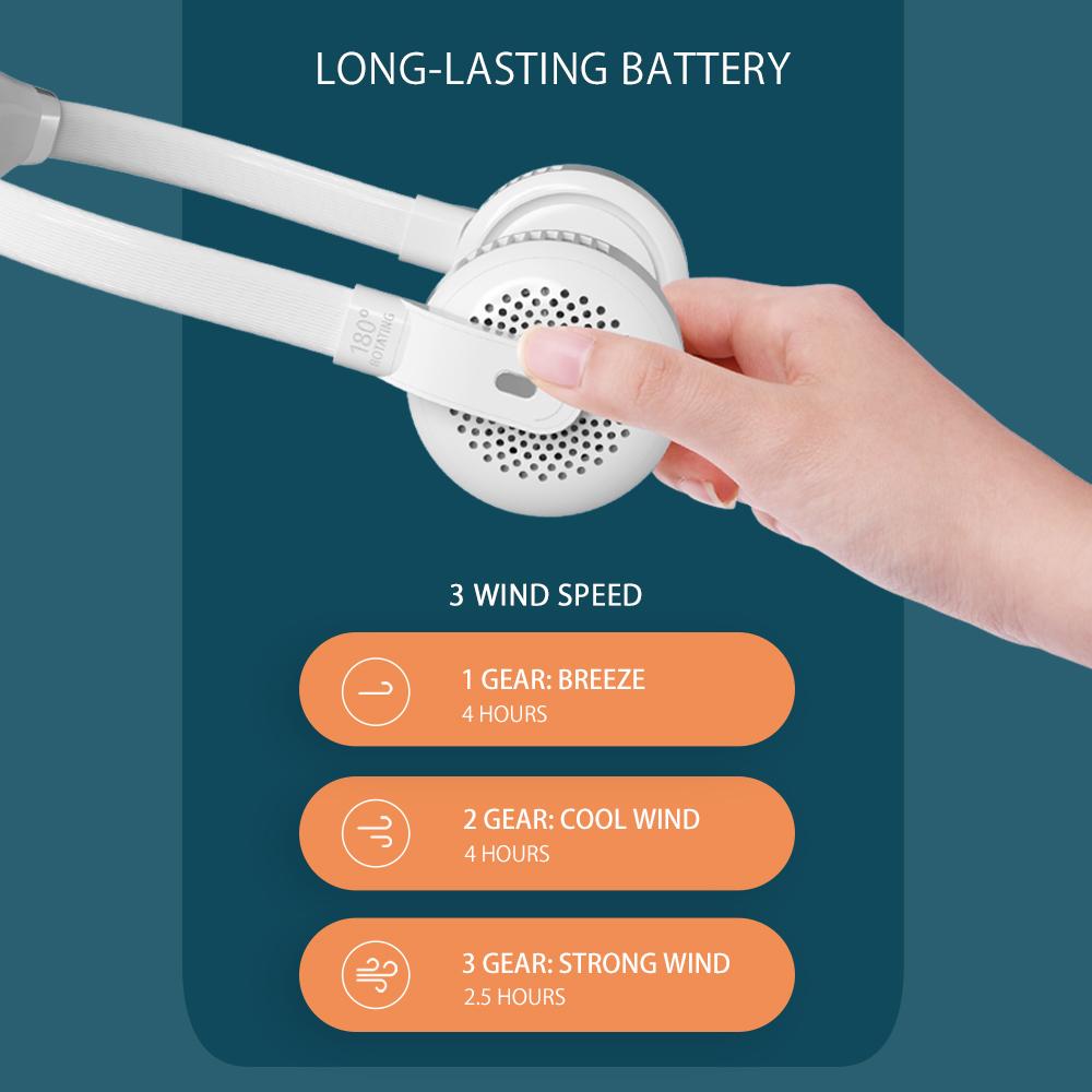 Quạt đeo cổ di động, sạc USB chạy bằng pin 3 tốc độ - tùy chọn dung lượng pin